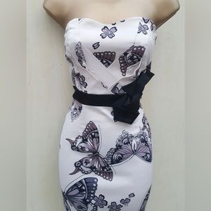 Rare Karen Millen Strapless Pencil Dress Beige & Black Sz 4 (UK 8)